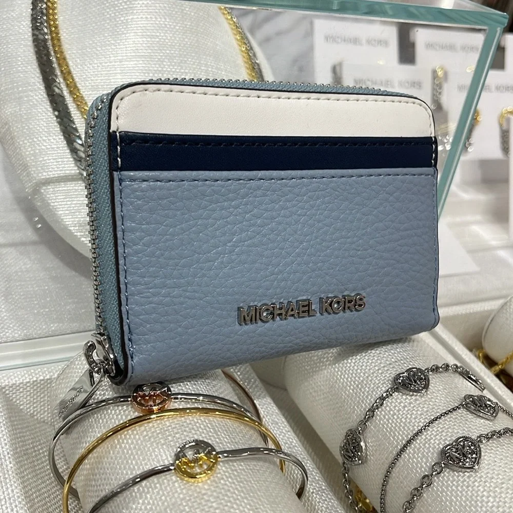 Michael Kors Jet Set Travel Medium Zip Around Color-Block Wallet Pale Blue Mult